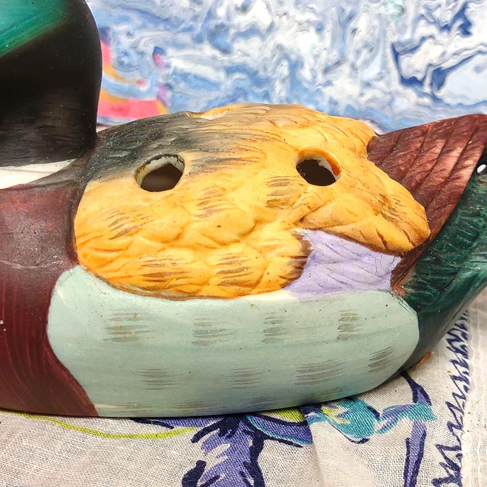 Porcelain Hand Painted Figural Mallard Duck Pencil Holder Vintage